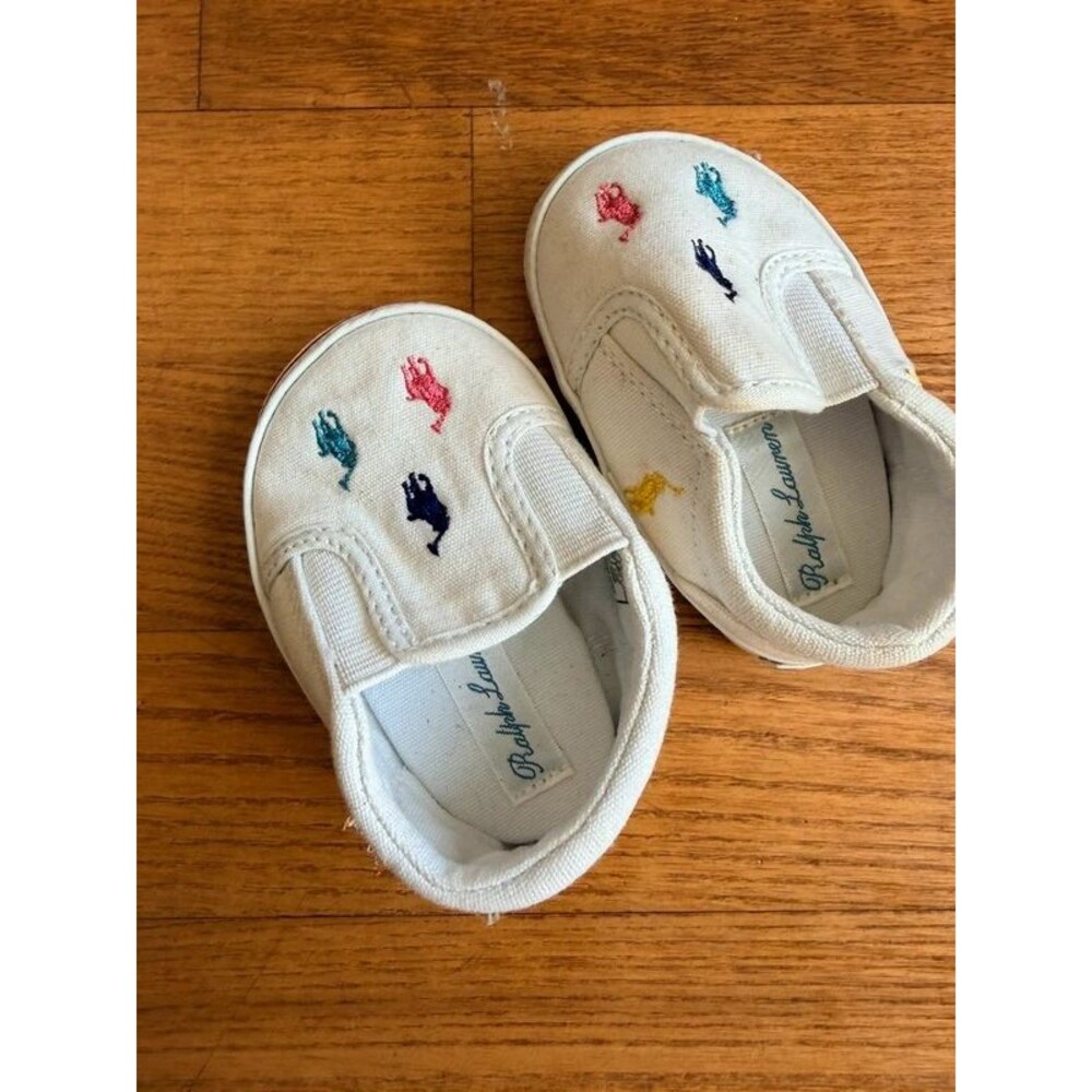 Polo Ralph Lauren Infant Baby Size 2 White Canvas Bal Harbour Multi Pony Slip On